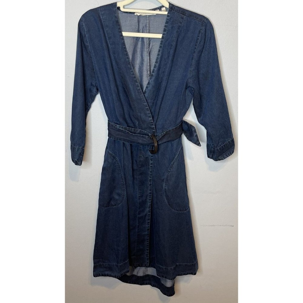 Soft Surroundings blue denim dress faux wrap buckle belt V-neck Petite XS
